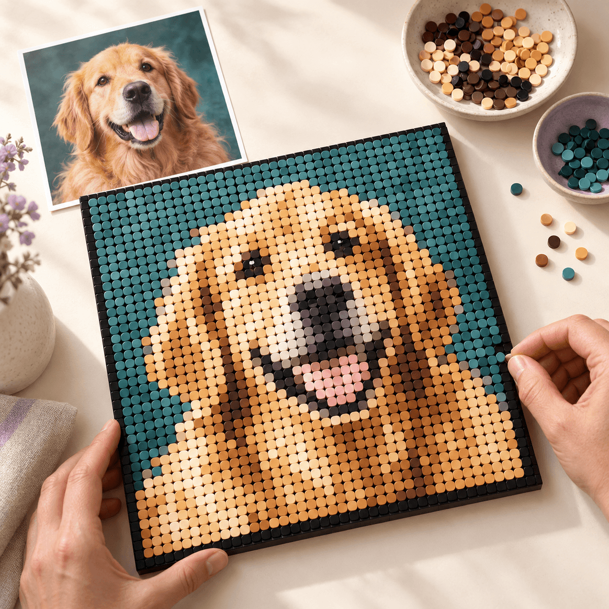 A colorful brick pixel artwork displayed at home